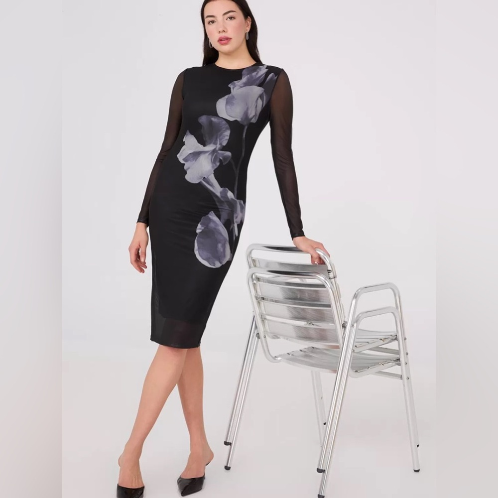 Suzy Shier Black Dress with Gray Floral Design
